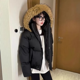 黑色短款pu皮面羽绒棉服男冬季加厚美式毛领外套中性风立领面包服