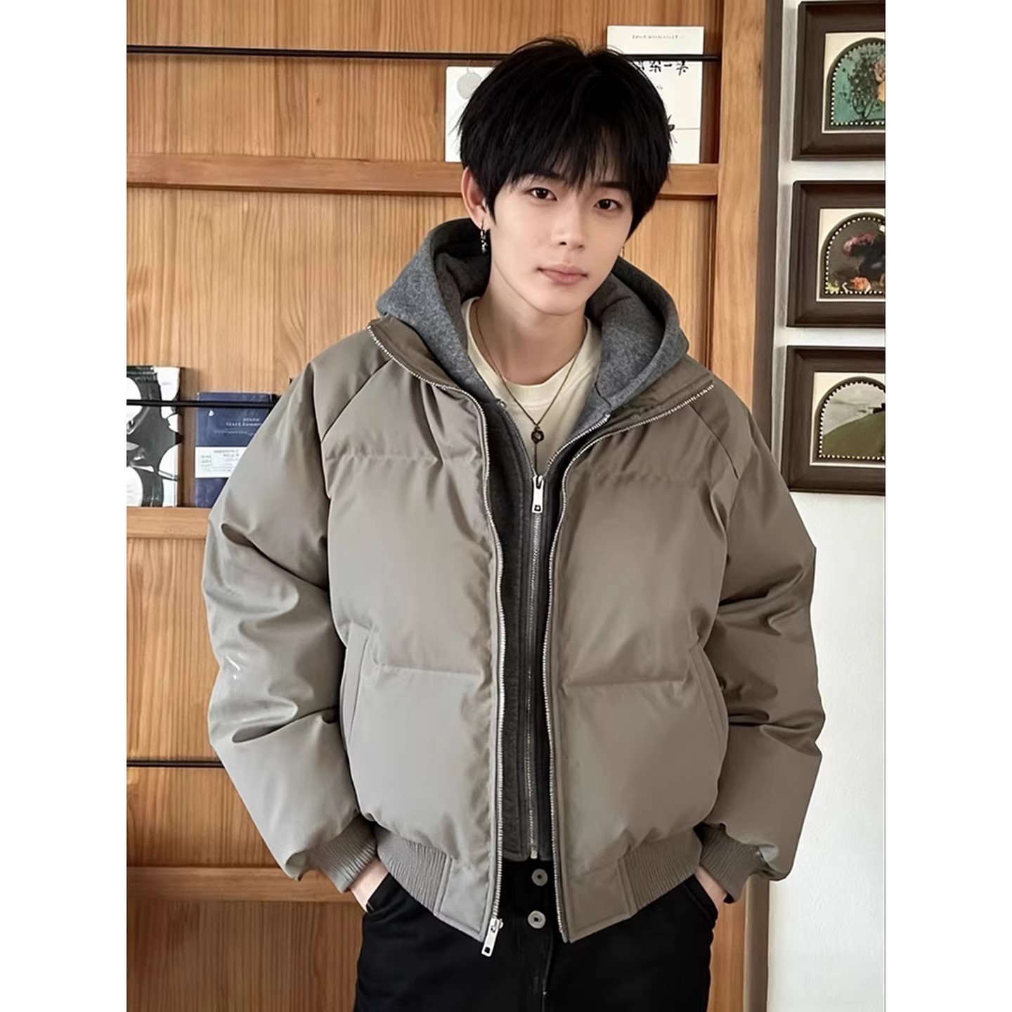 灰色假两件连帽羽绒棉服男款拼接加厚保暖棉衣外套廓形短款面包服