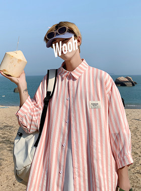 条纹衬衫男夏薄款宽松七分袖上衣