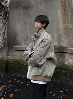 千鸟格哈灵顿夹克男秋冬款美式cleanfit高级感oclin短宽立领外套