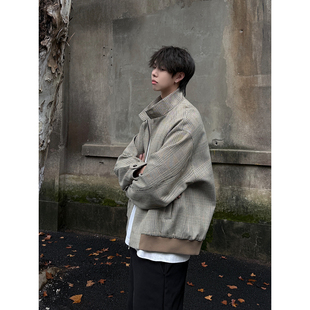 千鸟格哈灵顿夹克男秋冬款美式cleanfit高级感oclin短宽立领外套