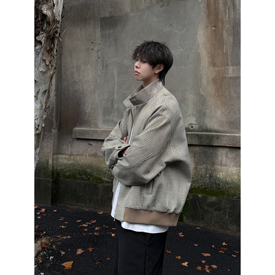 千鸟格哈灵顿夹克男秋冬款美式cleanfit高级感oclin短宽立领外套