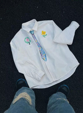 eeeeartmonster设计感手绘领带白色衬衫男女款趣味涂鸦学院风衬衣