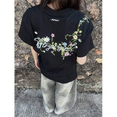 花卉印花短袖t恤男女款夏季美式高街痞帅设计感宽松情侣百搭上衣