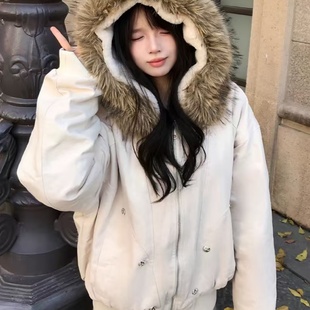 派克服加绒加厚保暖外套 中性风工装 杏色座山雕毛领棉服男女款 冬季