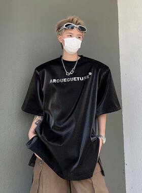 亮面金属印花短袖t恤男夏季oversize美式复古垫肩宽松半袖体恤衫