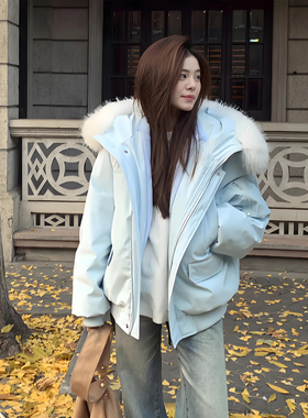 月光蓝色连帽派克羽绒棉服男女冬氛围感穿搭加厚保暖休闲显瘦外套