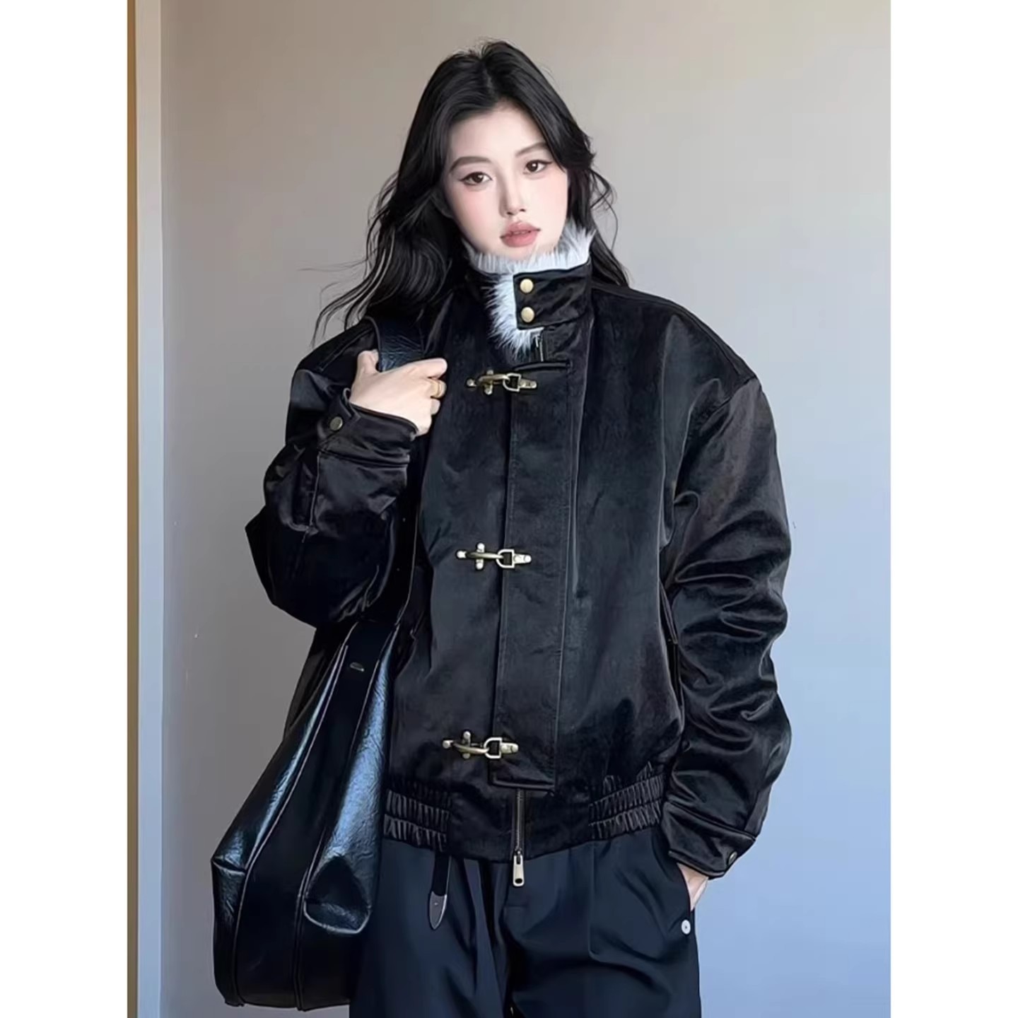 黑色飞机扣立领皮衣外套男款冬季座山雕棉服加绒加厚保暖夹克棉衣