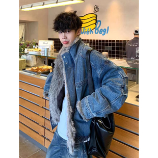 棉衣 复古加绒毛领座山雕高街工装 cleanfit牛仔棉服外套男冬季 美式