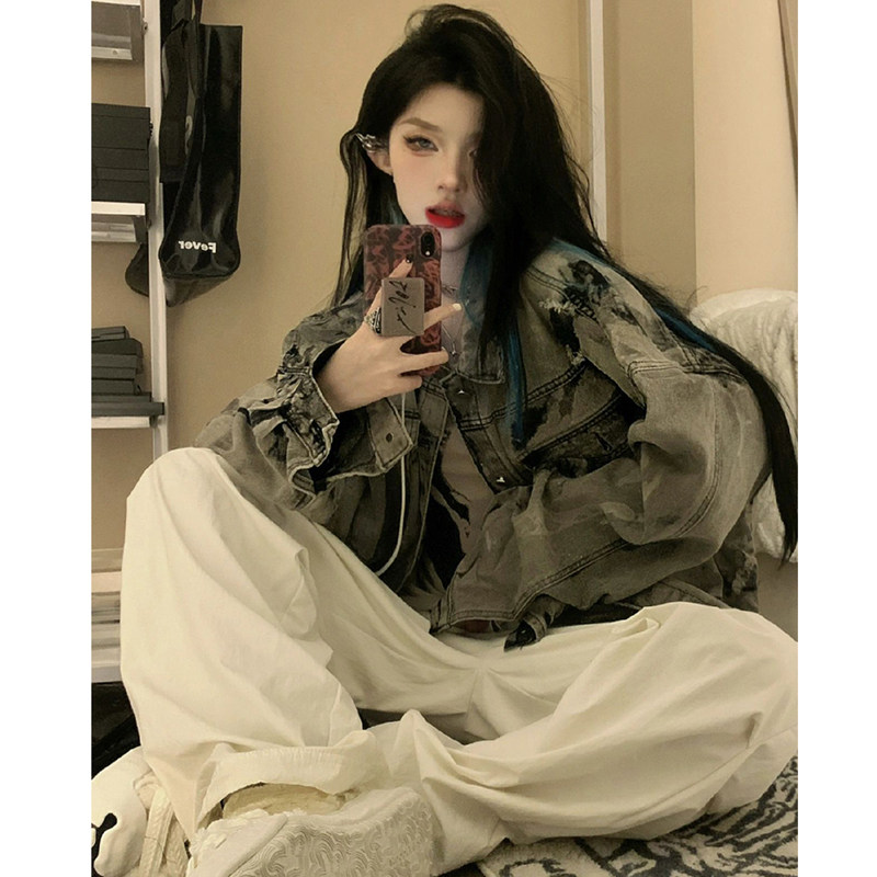 黑灰色扎染设计感美式高街牛仔外套男