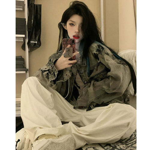 黑灰色扎染设计美式高街牛仔外套