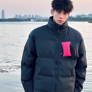 黑色可拆贴贴棉服男款冬季美式复古无帽立领外套高级感保暖面包服