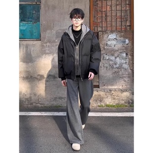 假两件pu皮羽绒棉服男款冬季加厚保暖连帽棉衣cleanfit面包服外套