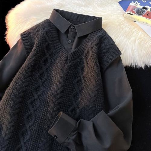 假两件针织衫毛衣男冬内搭打底衫