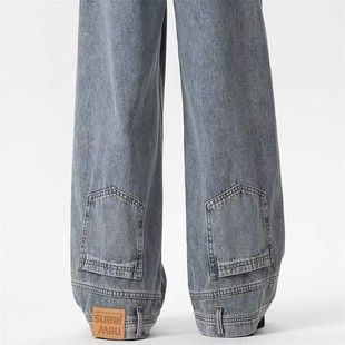倒装反穿工装牛仔裤男秋季美式高街复古宽松小众水洗阔腿拖地长裤