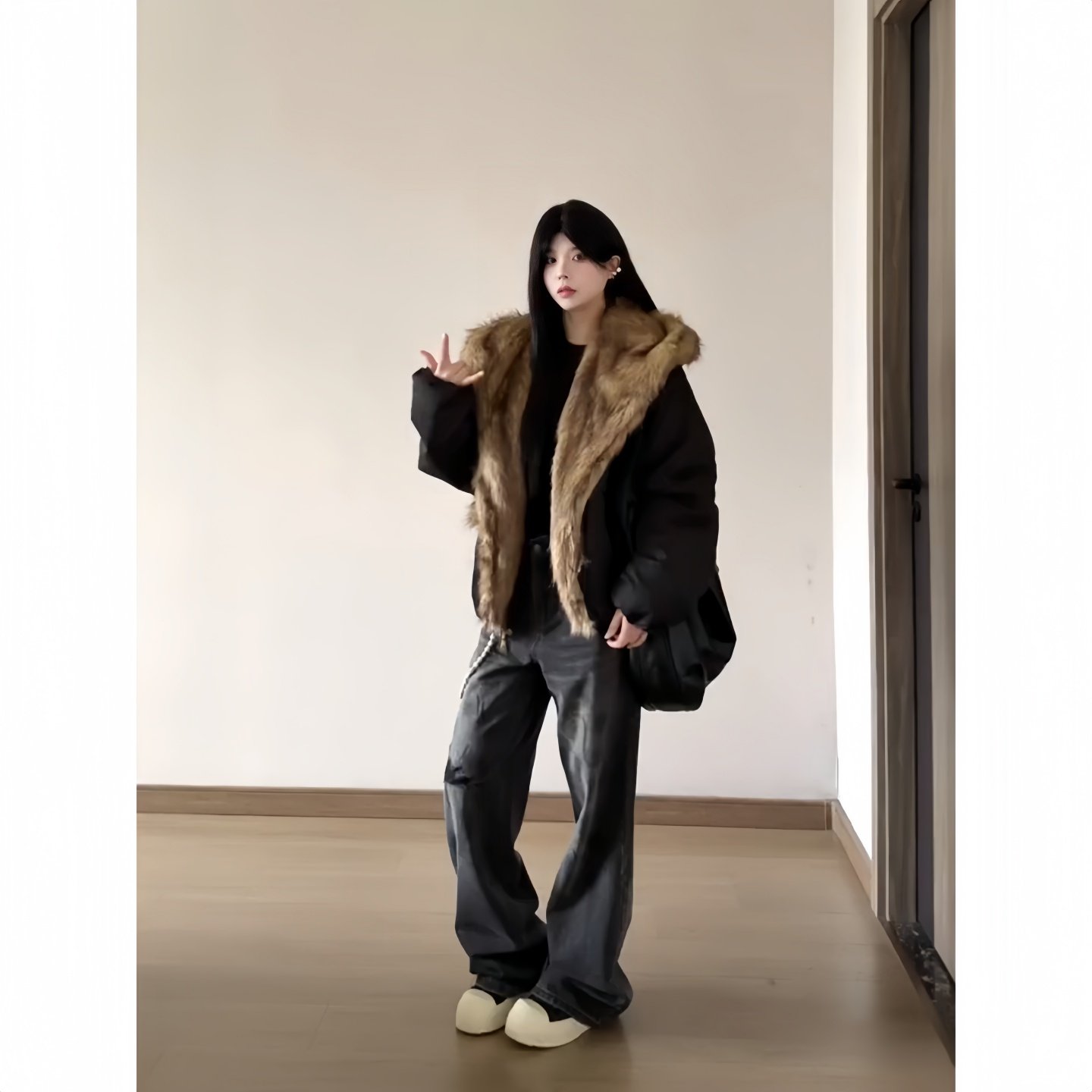 美式大毛领座山雕连帽棉服男款冬季潮牌棉衣cleanfit短款夹克外套