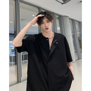 黑色无领短袖衬衫男款夏季韩版潮流高级感青少年痞帅半袖衬衣外套