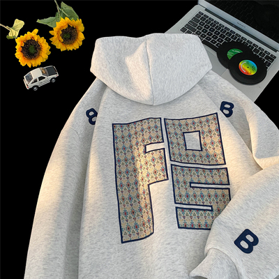 灰色美式cleanfit连帽卫衣男款秋冬加绒加厚字母刺绣情侣帽衫外套