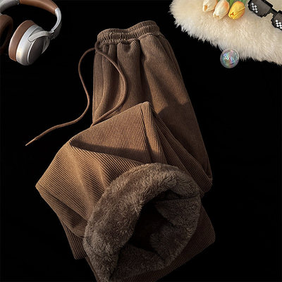 美拉德棕色羊羔毛裤子男2025新款冬季加绒加厚东北防寒灯芯绒棉裤