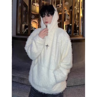 米白色半拉链毛衣男款冬季高级感圣诞战袍毛茸茸外套连帽加绒卫衣