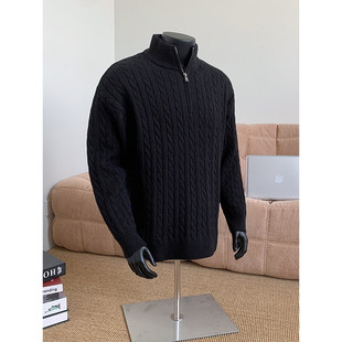 黑色半拉链绞花毛衣男款冬季加厚半高领针织衫内搭打底中领毛线衣