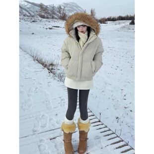 米白色可拆卸毛领保暖滑雪服短款羽绒棉服外套冬连帽百搭加厚棉服