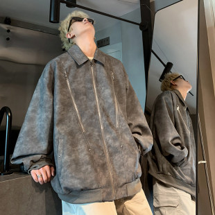 美拉德复古PU皮衣外套棉衣男款秋冬季加棉高级感痞帅机车夹克棉服