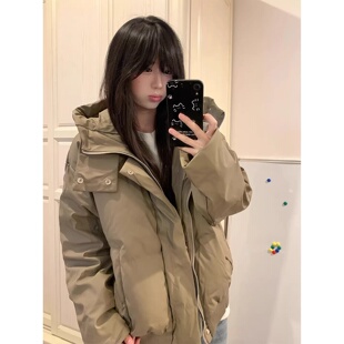 卡其色美式pu皮连帽羽绒棉服男款冬季加厚短款立领面包服棉衣外套