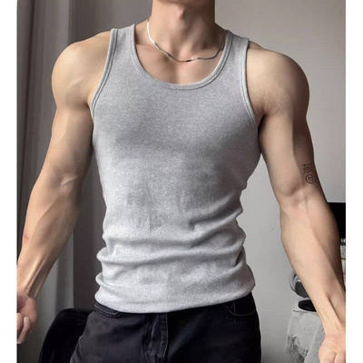 灰色螺纹无袖背心男款夏季美式高街痞帅健身运动速干紧身弹力t恤