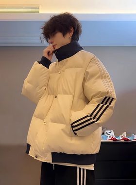 冬季三条杠白色羽绒棉服男款