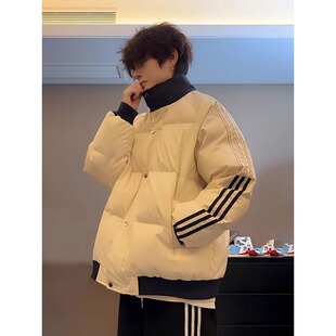 三条杠白色羽绒棉服男款冬季加厚情侣棉衣防寒美式立领情侣面包服