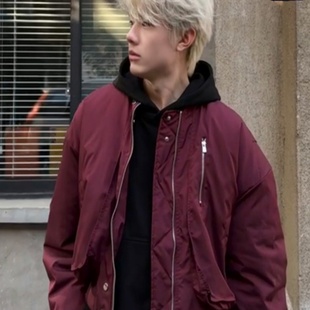 酒红色羽绒棉服男冬季美式潮牌短款棉衣bomber飞行员夹克厚外套潮