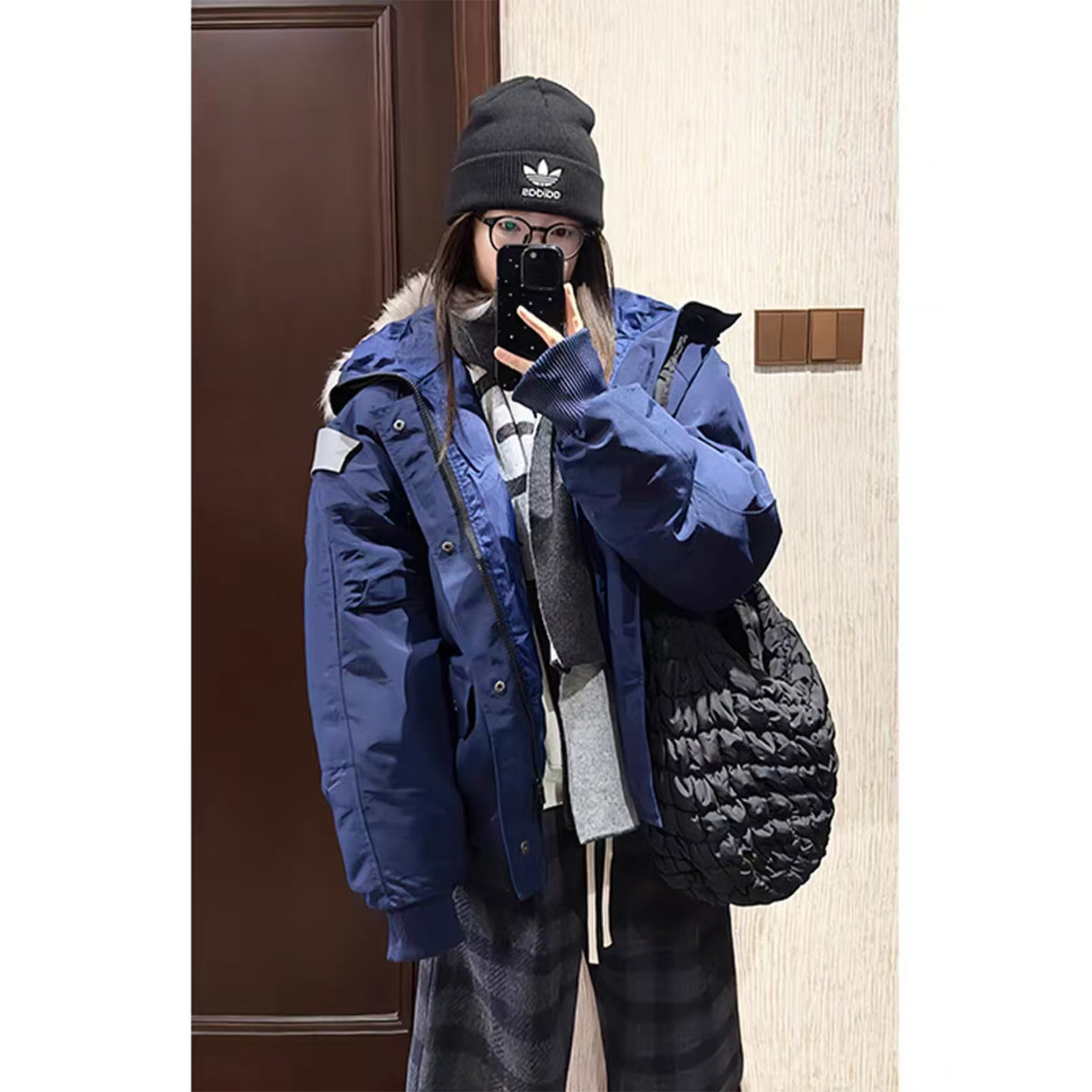 藏蓝色派克羽绒棉服男款冬季美式工装加厚棉衣短款大毛领连帽外套