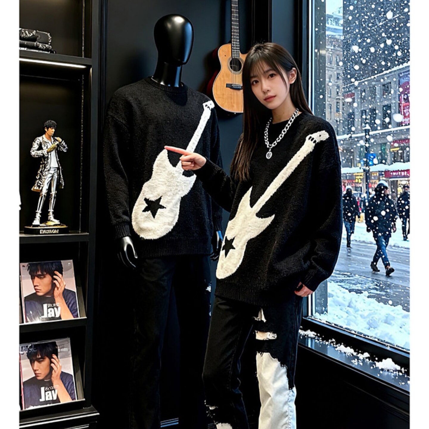 美式潮流电吉他毛衣男款冬季加厚马海毛情侣针织衫慵懒风打底内搭