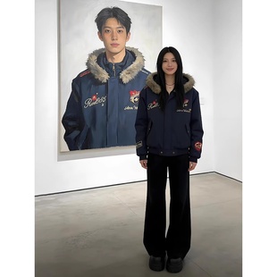 座山雕美式藏青色派克羽绒棉服男冬季刺绣毛领外套高级感工装夹克