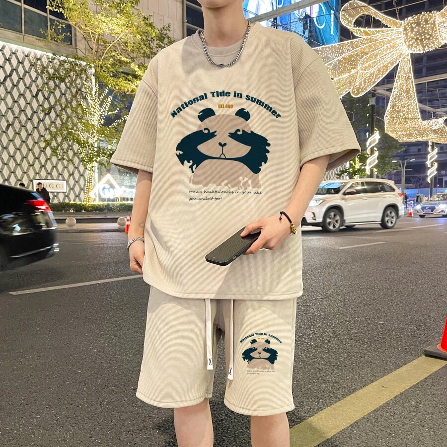 ZT70*P48新中式华夫格短袖t恤男夏季运动休闲套装五分裤两件套潮,男装休闲套装,星座414A-2（原B215-2）
