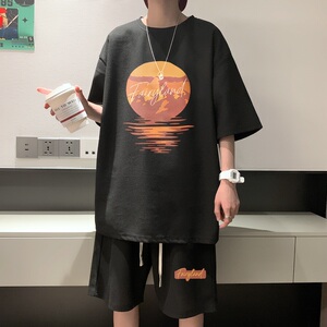 ZT38*P48 华夫格短袖t恤男女夏季套装潮流一套搭配帅气港风上衣服图片