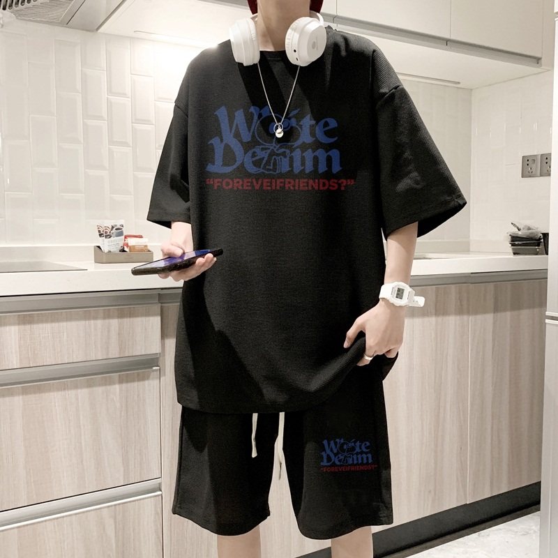 ZT53*P48重磅华夫格休闲运动套装男女夏季两件套短袖短裤一套搭配图片