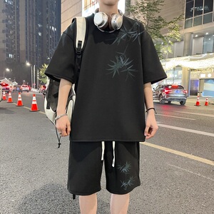 ZT65*P48 风华夫格短袖t恤男夏季大码休闲套装男五分短裤两件套图片