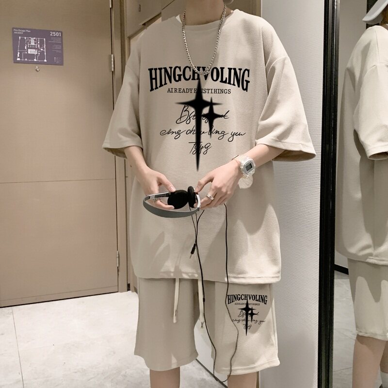 ZT16*P48夏季美式短袖t恤男士休闲套装ins潮流一套搭配短裤两件套,男装T恤,星座414A-2（原B215-2）