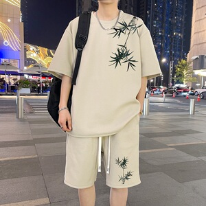 ZT65*P48 风华夫格短袖t恤男夏季大码休闲套装男五分短裤两件套图片