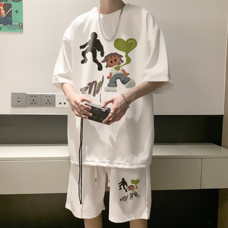 ZT63*P48重磅华夫格美式运动套装夏季两件套高街短袖短裤一套搭配,男装休闲套装,星座414A-2（原B215-2）