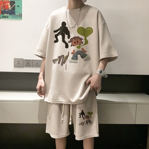 ZT63*P48重磅华夫格美式运动套装夏季两件套高街短袖短裤一套搭配图片