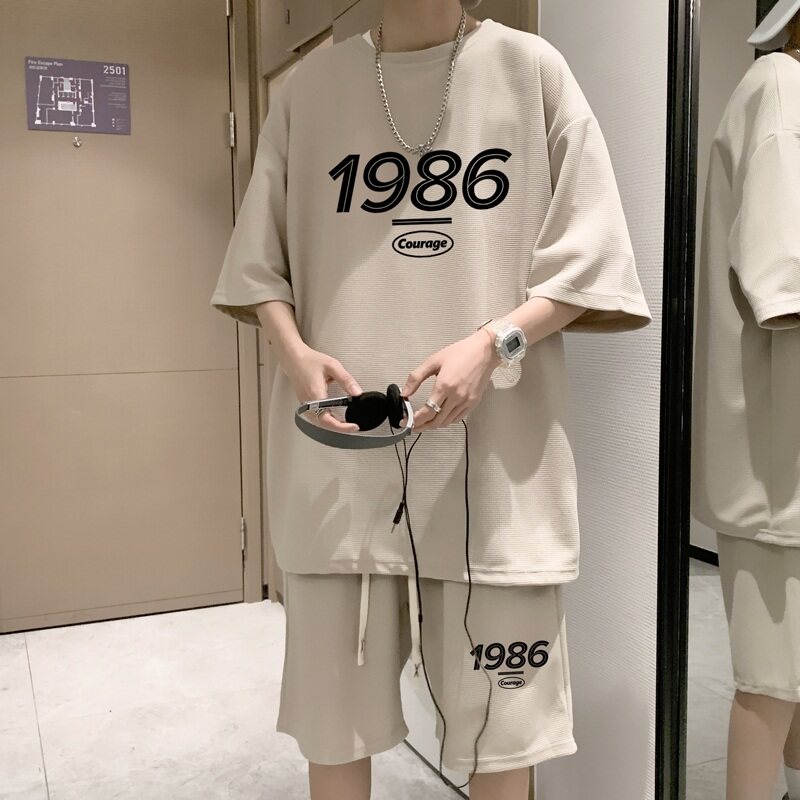 ZT19*P48美式华夫格套装男夏季潮牌T恤短袖ins港风宽松运动两件套图片