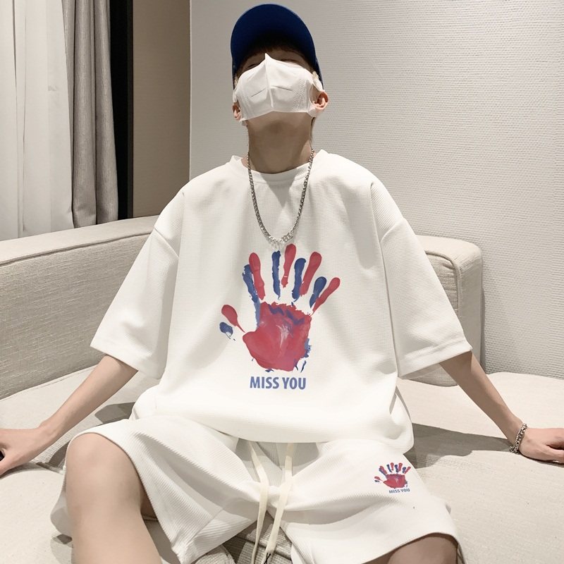 wassuphappy华夫格运动套装男夏季薄款短袖短裤痞帅一套休闲穿搭，男装休闲套装，星座414A-2（原B215-2）