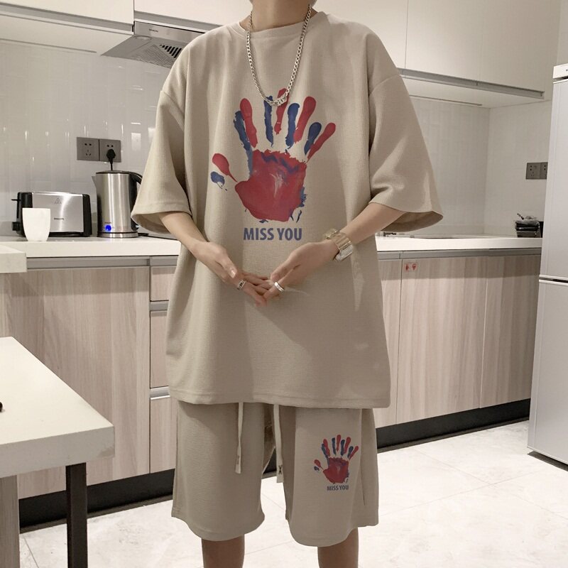 wassuphappy华夫格运动套装男夏季薄款短袖短裤痞帅一套休闲穿搭,男装休闲套装,星座414A-2（原B215-2）