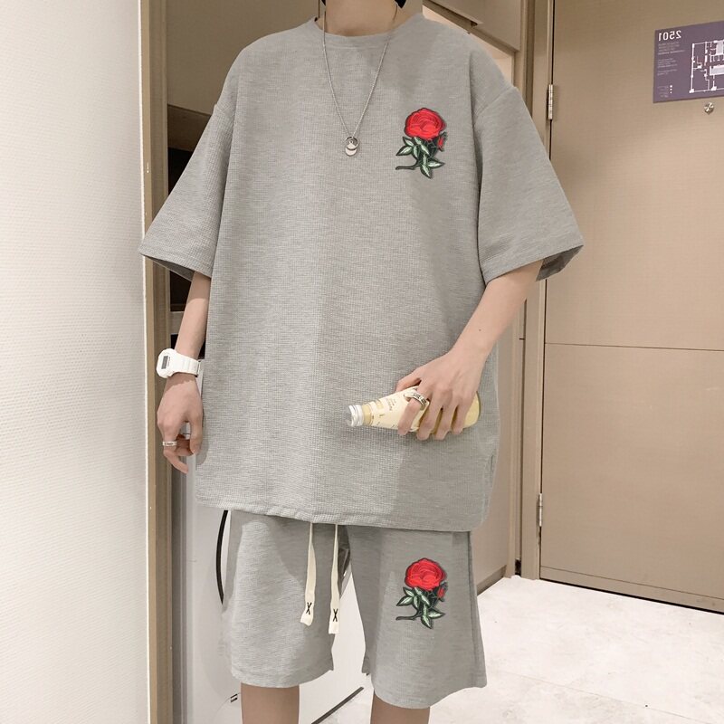 ZT15*P48夏季刺绣短袖t恤男士休闲套装ins潮流一套搭配短裤两件套,男装T恤,星座414A-2（原B215-2）