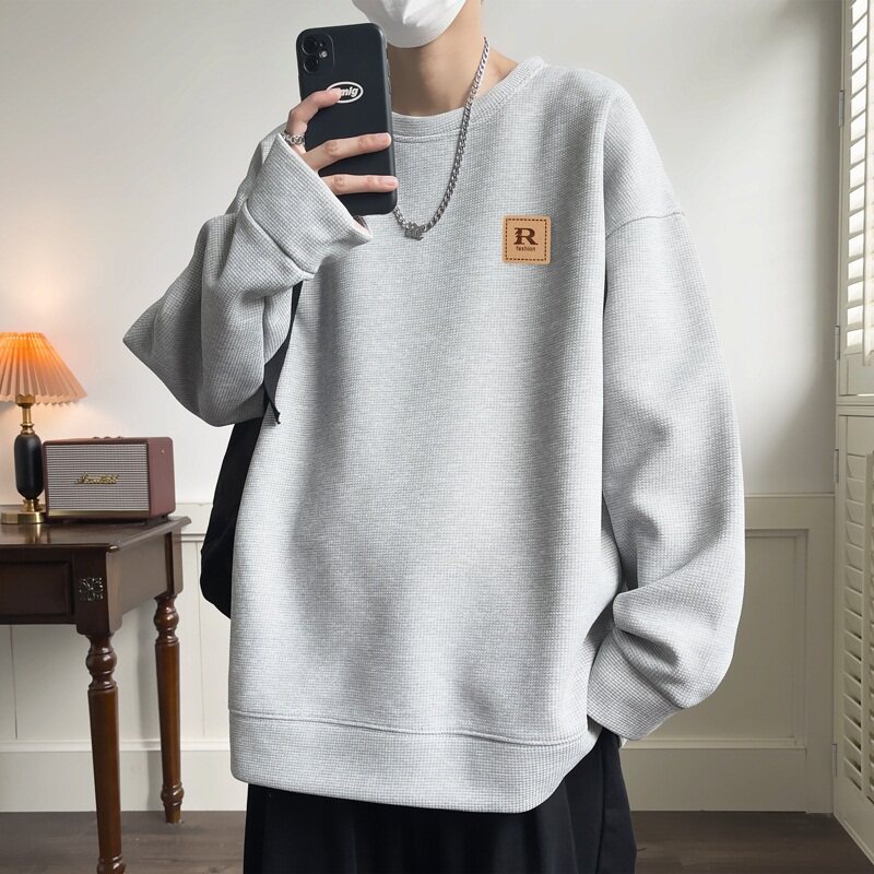 W657*P28美式vintag卫衣男春秋季宽松华夫格贴标上衣潮牌ins外套图片