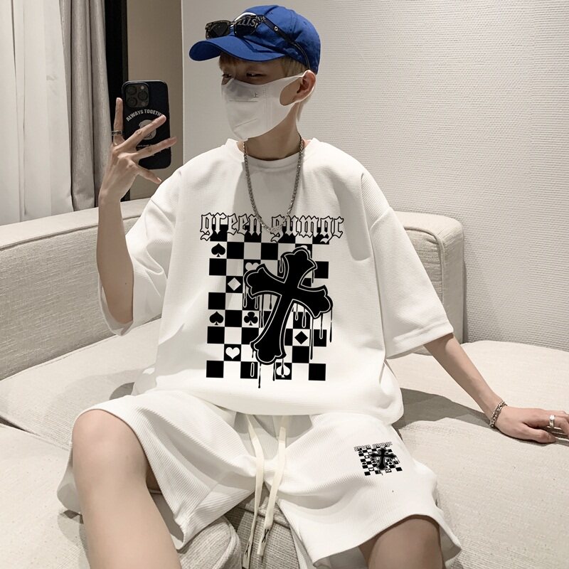ZT51*P48港风ins华夫格套装男短袖t恤夏季潮流短裤两件套帅气男装,男装休闲套装,星座414A-2（原B215-2）