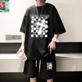 ZT51*P48港风ins华夫格套装男短袖t恤夏季休闲短裤两件套帅气男装，男装休闲套装，星座414A-2（原B215-2）
